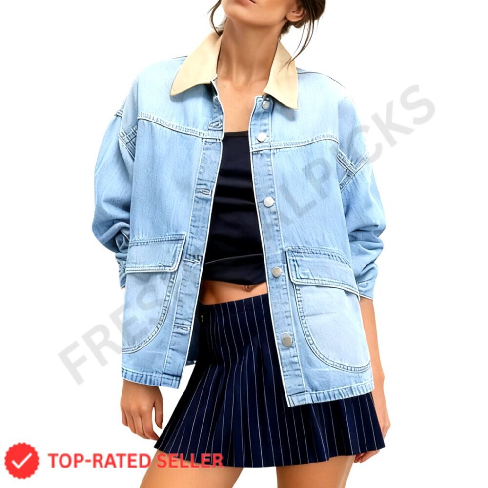 Oversized Denim Barn Jacket Contrast Collar Button Down Retro Chic Y2K